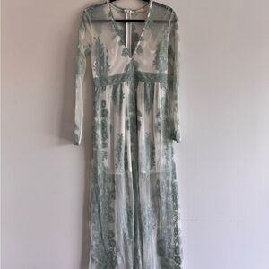 Altar'd State Sheer Long Sleeve Dress with Green Embroidery